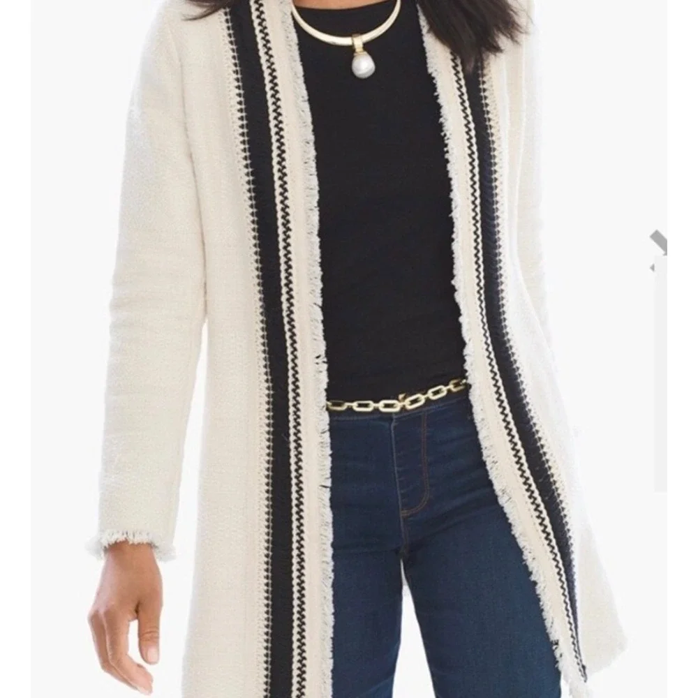 Chicos Fringe Tweed Cardigan Cream Open‎ Front Longline Sweater Size 1